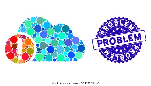 Mosaic problem icon and rubber stamp seal with Problem text. Mosaic vector is formed from problem icon and with randomized round spots. Problem stamp seal uses blue color, and rubber texture.