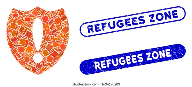 Mosaic problem shield and corroded stamp seals with Refugees Zone phrase. Mosaic vector problem shield is created with randomized rectangles. Refugees Zone seals use blue color,