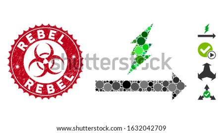 Mosaic proceed icon and rubber stamp watermark with Rebel phrase and biohazard symbol. Mosaic vector is created with proceed icon and with scattered round items. Rebel stamp uses red color,