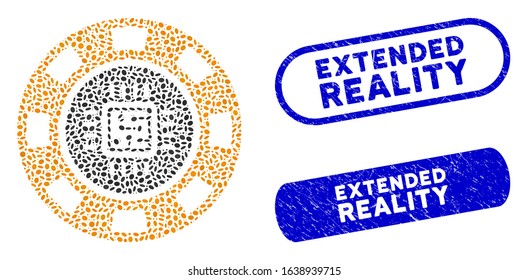 Mosaic processor casino chip and corroded stamp seals with Extended Reality text. Mosaic vector processor casino chip is composed with scattered ellipse spots.