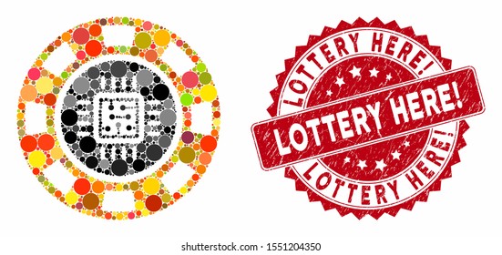 Mosaic processor casino chip and grunge stamp seal with Lottery Here! caption. Mosaic vector is created with processor casino chip icon and with randomized spheric spots.