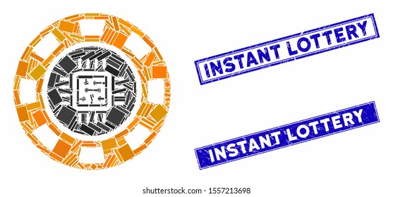 Mosaic processor casino chip pictogram and rectangular seals. Flat vector processor casino chip mosaic pictogram of randomized rotated rectangle items. Blue caption rubber seals with dirty textures.