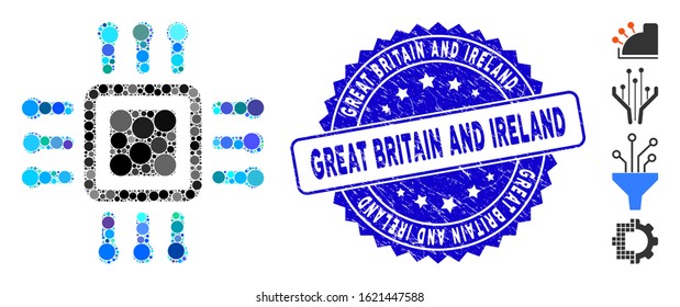 Mosaic processor icon and grunge stamp seal with Great Britain and Ireland caption. Mosaic vector is composed with processor icon and with random spheric items.
