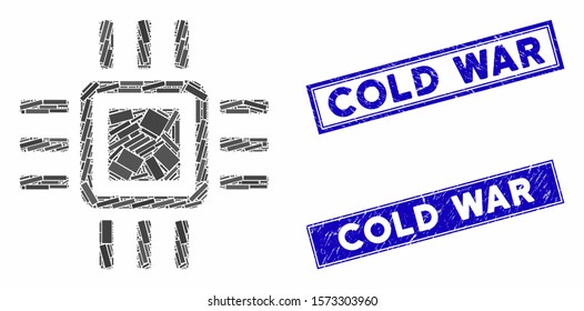 Mosaic processor icon and rectangle Cold War rubber prints. Flat vector processor mosaic icon of random rotated rectangle elements. Blue Cold War rubber stamps with grunged surface.