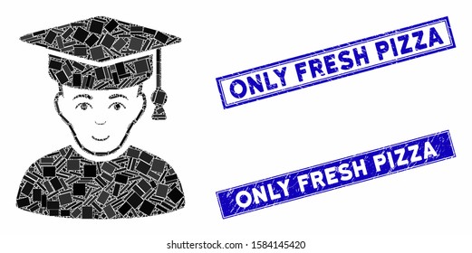 Mosaic professor pictogram and rectangle Only Fresh Pizza seal stamps. Flat vector professor mosaic pictogram of scattered rotated rectangle elements.