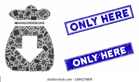 Mosaic profit bag pictogram and rectangular Only Here seal stamps. Flat vector profit bag mosaic pictogram of scattered rotated rectangular elements. Blue Only Here stamps with distress textures.
