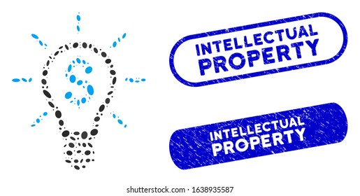 Mosaic profitable invention and rubber stamp seals with Intellectual Property caption. Mosaic vector profitable invention is formed with randomized oval dots.