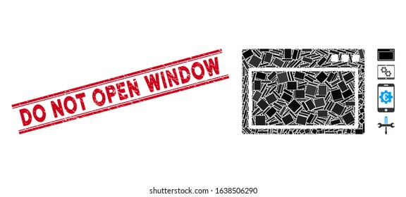 Mosaic program application pictogram and red Do Not Open Window rubber print between double parallel lines. Flat vector program application mosaic pictogram of scattered rotated rectangle items.