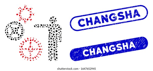Mecánica del proyecto mosaico y marcas de agua corroídas con la frase Changsha. La mecánica del proyecto vector mosaico se forma con puntos elípticos aleatorios. Los sellos de sello de Changsha utilizan color azul,