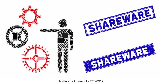 Mosaic project mechanics pictogram and rectangle Shareware seals. Flat vector project mechanics mosaic pictogram of scattered rotated rectangle items. Blue Shareware stamps with scratched surface.