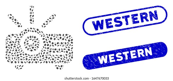 Mosaic projector and grunge stamp seals with Western phrase. Mosaic vector projector is created with random ellipse dots. Western seals use blue color, and have round rectangle shape.