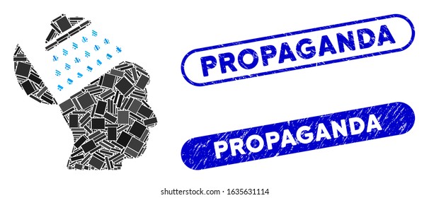 Mosaic propaganda brain shower and grunge stamp seals with Propaganda phrase. Mosaic vector propaganda brain shower is formed with randomized rectangle items. Propaganda stamp seals use blue color,