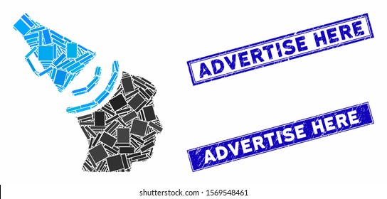 Mosaic propaganda megaphone icon and rectangle seals. Flat vector propaganda megaphone mosaic icon of randomized rotated rectangle elements. Blue caption seals with grunge textures.