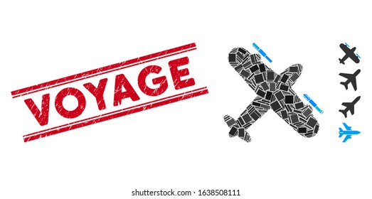 Mosaic propeller aircraft icon and red Voyage rubber print between double parallel lines. Flat vector propeller aircraft mosaic icon of random rotated rectangle elements.