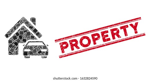 Mosaic property pictogram and red Property rubber print between double parallel lines. Flat vector property mosaic pictogram of scattered rotated rectangular items.