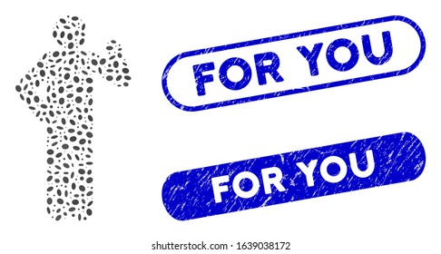 Mosaic proposal pose and grunge stamp watermarks with For You caption. Mosaic vector proposal pose is created with random oval pieces. For You stamp seals use blue color,