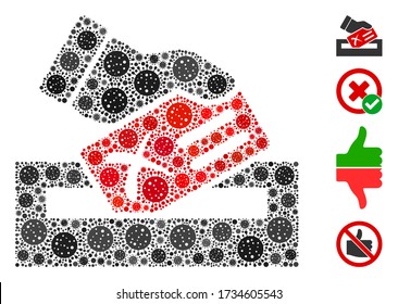 Mosaic protest vote designed from coronavirus items in various sizes and color hues. Vector infection items are arranged into abstract mosaic protest vote icon. Some bonus icons are added.