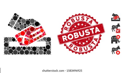 Mosaic protest vote icon and corroded stamp seal with Robusta phrase. Mosaic vector is created with protest vote icon and with randomized spheric elements. Robusta stamp seal uses red color,
