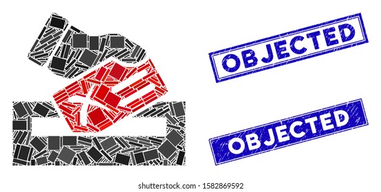 Mosaic protest vote pictogram and rectangular Objected seals. Flat vector protest vote mosaic pictogram of scattered rotated rectangular elements. Blue Objected rubber seals with dirty texture.