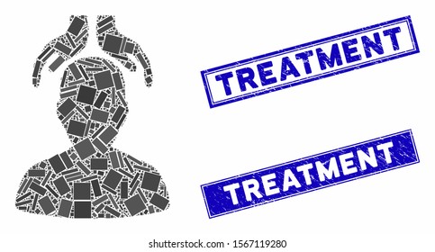 Mosaic psychiatry hands icon and rectangular stamps. Flat vector psychiatry hands mosaic icon of scattered rotated rectangular elements. Blue caption seal stamps with distress texture.