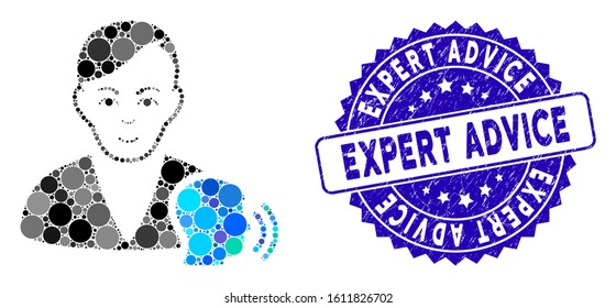 Mosaic psychoanalysis talking icon and rubber stamp seal with Expert Advice caption. Mosaic vector is created with psychoanalysis talking icon and with scattered circle elements.