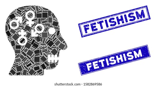Mosaic psychosexual disorder pictogram and rectangular Fetishism stamps. Flat vector psychosexual disorder mosaic pictogram of scattered rotated rectangular items.
