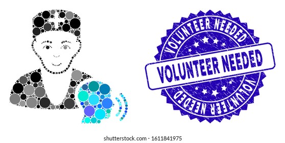 Mosaic psychotherapist doctor visit icon and grunge stamp seal with Volunteer Needed phrase. Mosaic vector is composed with psychotherapist doctor visit icon and with random round items.