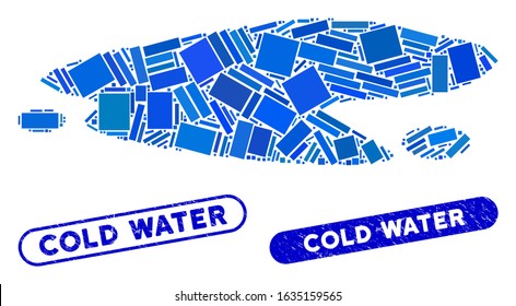 Mosaic puddle and corroded stamp watermarks with Cold Water text. Mosaic vector puddle is created with random rectangle items. Cold Water stamp seals use blue color, and have round rectangle shape.