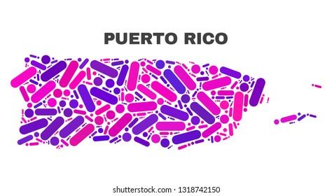 Mosaic Puerto Rico map isolated on a white background. Vector geographic abstraction in pink and violet colors. Mosaic of Puerto Rico map combined of random circle dots and lines.