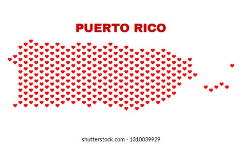 Mosaic Puerto Rico map of valentine hearts in red color isolated on a white background. Regular red heart pattern in shape of Puerto Rico map. Abstract design for Valentine illustrations.