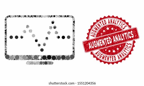 Mosaic pulse chart and grunge stamp seal with Augmented Analytics text. Mosaic vector is composed with pulse chart icon and with random round elements. Augmented Analytics stamp seal uses red color,