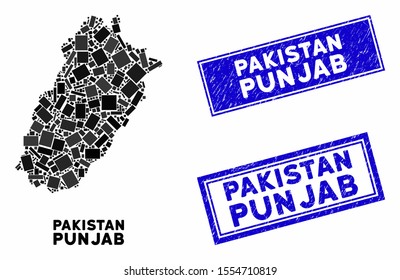 Mosaic Punjab Province map and rectangle stamps. Flat vector Punjab Province map mosaic of randomized rotated rectangle elements. Blue caption seal stamps with distress texture.