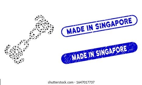 Mosaic puppy chain and grunge stamp watermarks with Made in Singapore caption. Mosaic vector puppy chain is formed with random oval parts. Made in Singapore stamp seals use blue color,