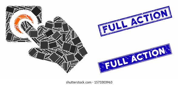 Mosaic push alarm button icon and rectangular Full Action seals. Flat vector push alarm button mosaic icon of random rotated rectangular items. Blue Full Action rubber stamps with distress surface.