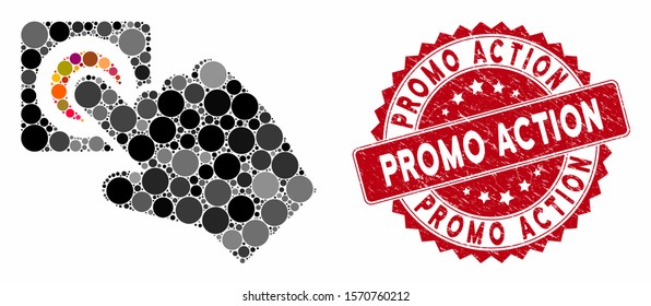 Mosaic push alarm button and rubber stamp seal with Promo Action phrase. Mosaic vector is formed from push alarm button icon and with scattered round items. Promo Action seal uses red color,