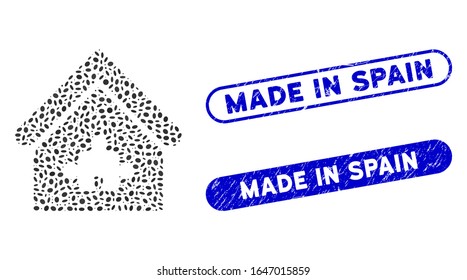 Mosaic puzzle building and distressed stamp seals with Made in Spain caption. Mosaic vector puzzle building is composed with random elliptic items. Made in Spain stamp seals use blue color,