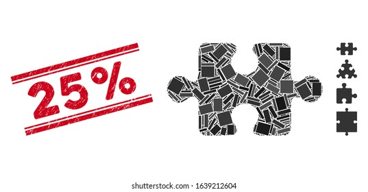Mosaic puzzle item icon and red 25% stamp between double parallel lines. Flat vector puzzle item mosaic icon of scattered rotated rectangular items. Red 25% stamp imprint with rubber texture.