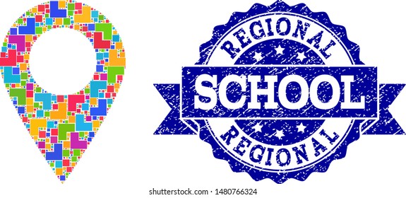 Mosaic puzzle local map marker and rubber school seal with ribbon. Vector local map marker constructed with colorful square and corner elements. Vector imprint with grunge rubber texture,
