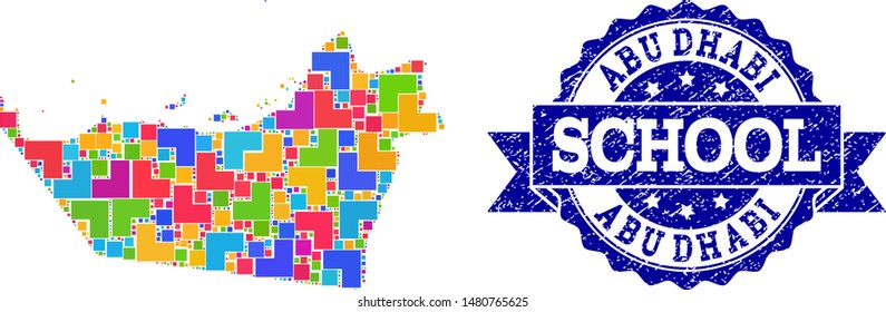 Mosaic puzzle map of Abu Dhabi Emirate and rubber school stamp with ribbon. Vector map of Abu Dhabi Emirate constructed with colorful square and corner elements.
