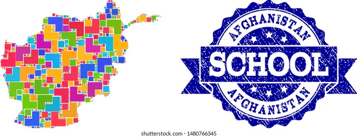 Mosaic puzzle map of Afghanistan and corroded school seal with ribbon. Vector map of Afghanistan designed with bright colored square and corner blocks. Vector seal with scratched rubber texture,