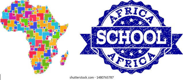 Mosaic puzzle map of Africa and dirty school seal stamp with ribbon. Vector map of Africa constructed with colorful square and corner blocks. Vector seal with scratched rubber texture,