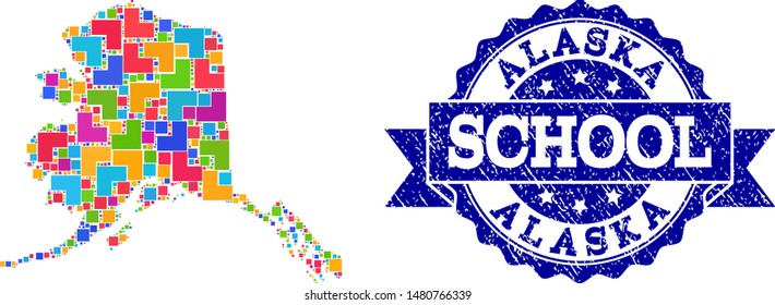 Mosaic puzzle map of Alaska State and corroded school seal stamp with ribbon. Vector map of Alaska State constructed with colorful square and corner elements. Vector seal with corroded rubber texture,