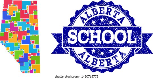 Mosaic puzzle map of Alberta Province and rubber school seal with ribbon. Vector map of Alberta Province designed with colorful square and corner elements. Vector seal with distress rubber texture,