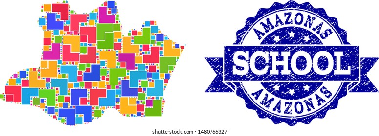 Mosaic puzzle map of Amazonas State and dirty school seal with ribbon. Vector map of Amazonas State constructed with colorful square and corner elements. Vector seal with corroded rubber texture,