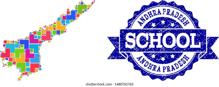 Mosaic puzzle map of Andhra Pradesh State and scratched school seal with ribbon. Vector map of Andhra Pradesh State designed with colorful square and corner elements.