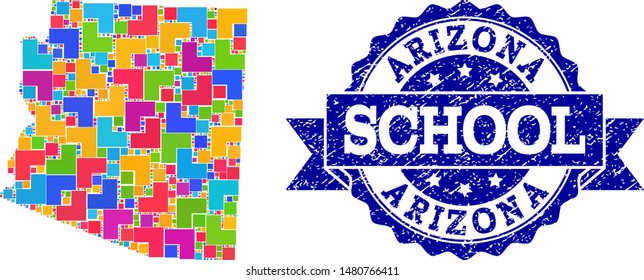Mosaic puzzle map of Arizona State and unclean school seal with ribbon. Vector map of Arizona State designed with bright colored square and corner elements. Vector seal with unclean rubber texture,