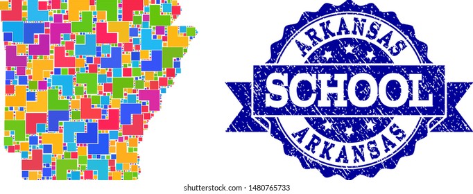 Mosaic puzzle map of Arkansas State and rubber school seal with ribbon. Vector map of Arkansas State constructed with bright colored square and corner elements.