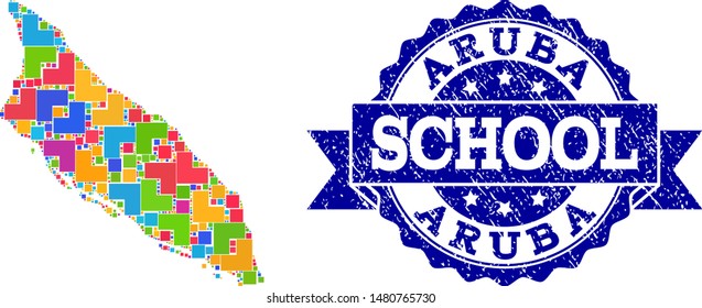 Mosaic puzzle map of Aruba Island and unclean school seal with ribbon. Vector map of Aruba Island constructed with bright colored square and corner elements. Vector seal with unclean rubber texture,