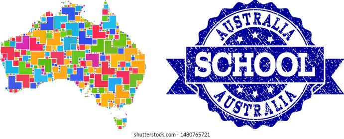 Mosaic puzzle map of Australia and rubber school seal stamp with ribbon. Vector map of Australia constructed with colorful square and corner blocks. Vector seal with corroded rubber texture,