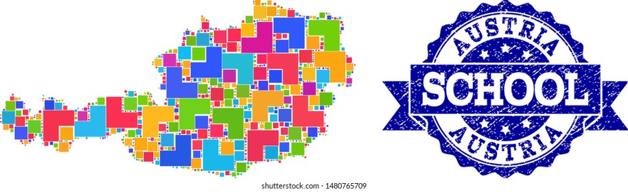 Mosaic puzzle map of Austria and grunge school stamp with ribbon. Vector map of Austria designed with bright colored square and corner blocks. Vector imprint with grunge rubber texture,